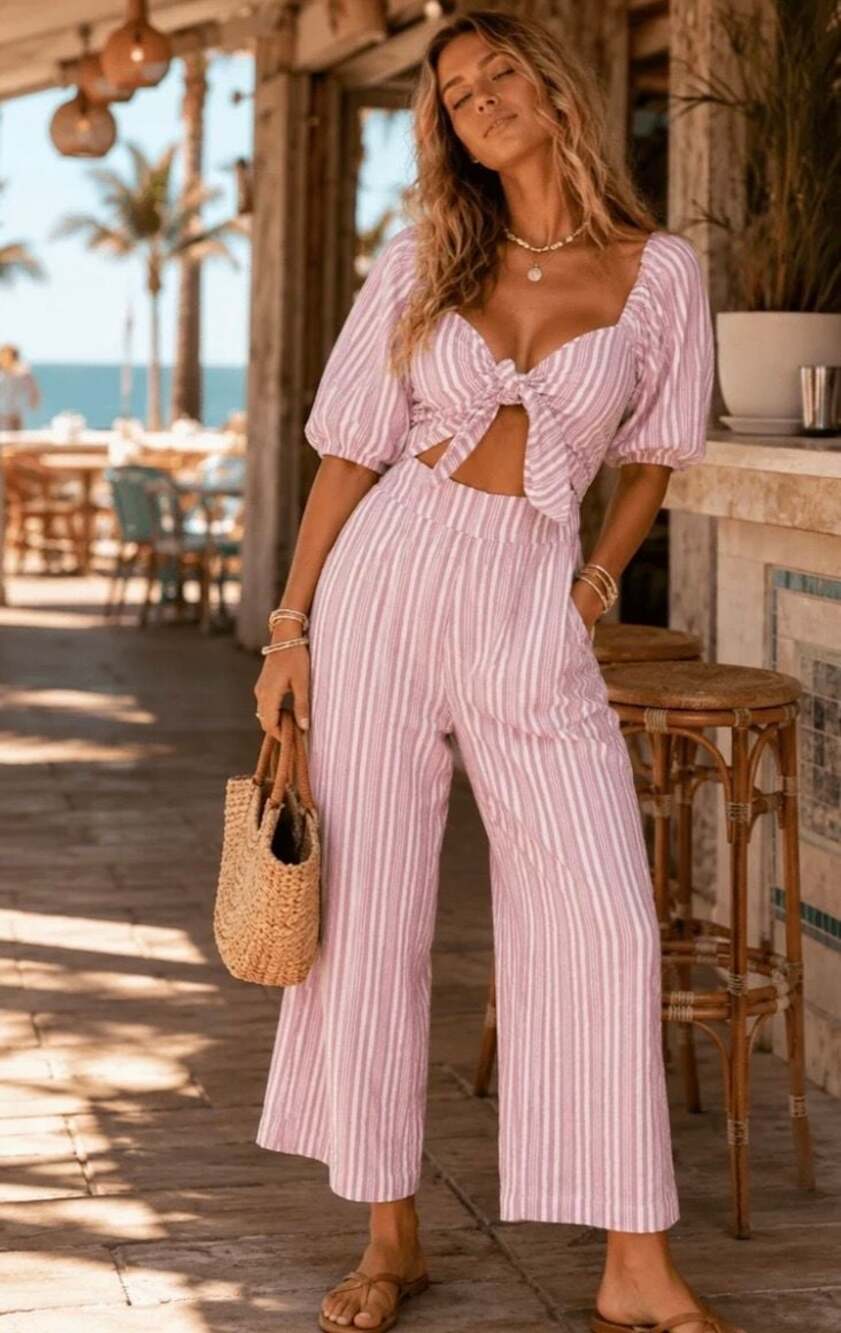 Striped Wide-Leg Cutout Jumpsuit with Sweetheart Neckline and Tie-Front